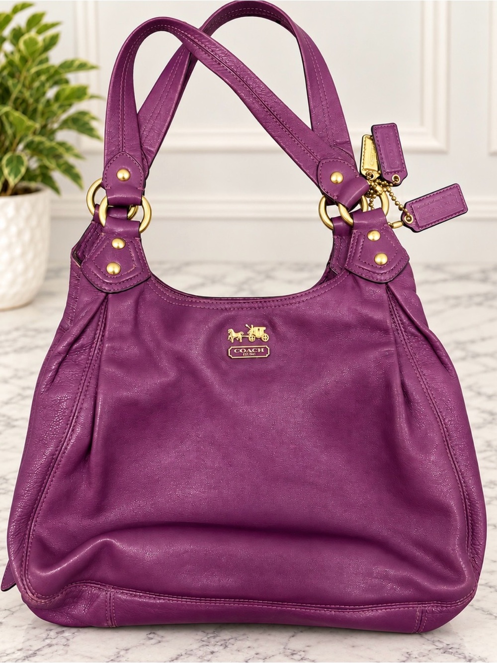 Coach Purple Maddison Maggie Zip Shoulder Bag Large Brass Hardware Inner Pockets